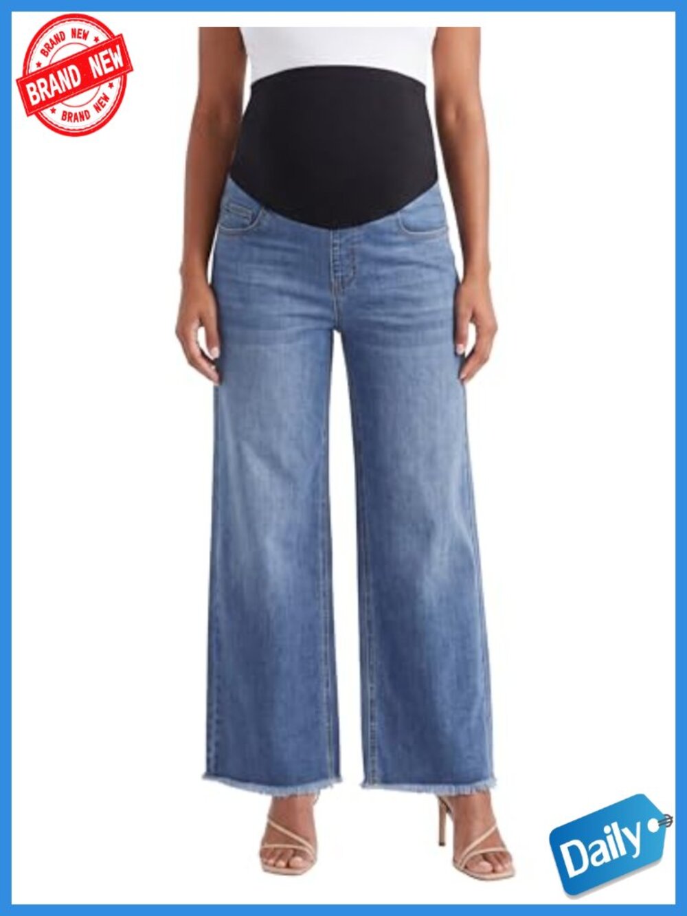 Maternity Wide Leg Jeans Over The Belly Raw Hem 5 Pockets Stretchy